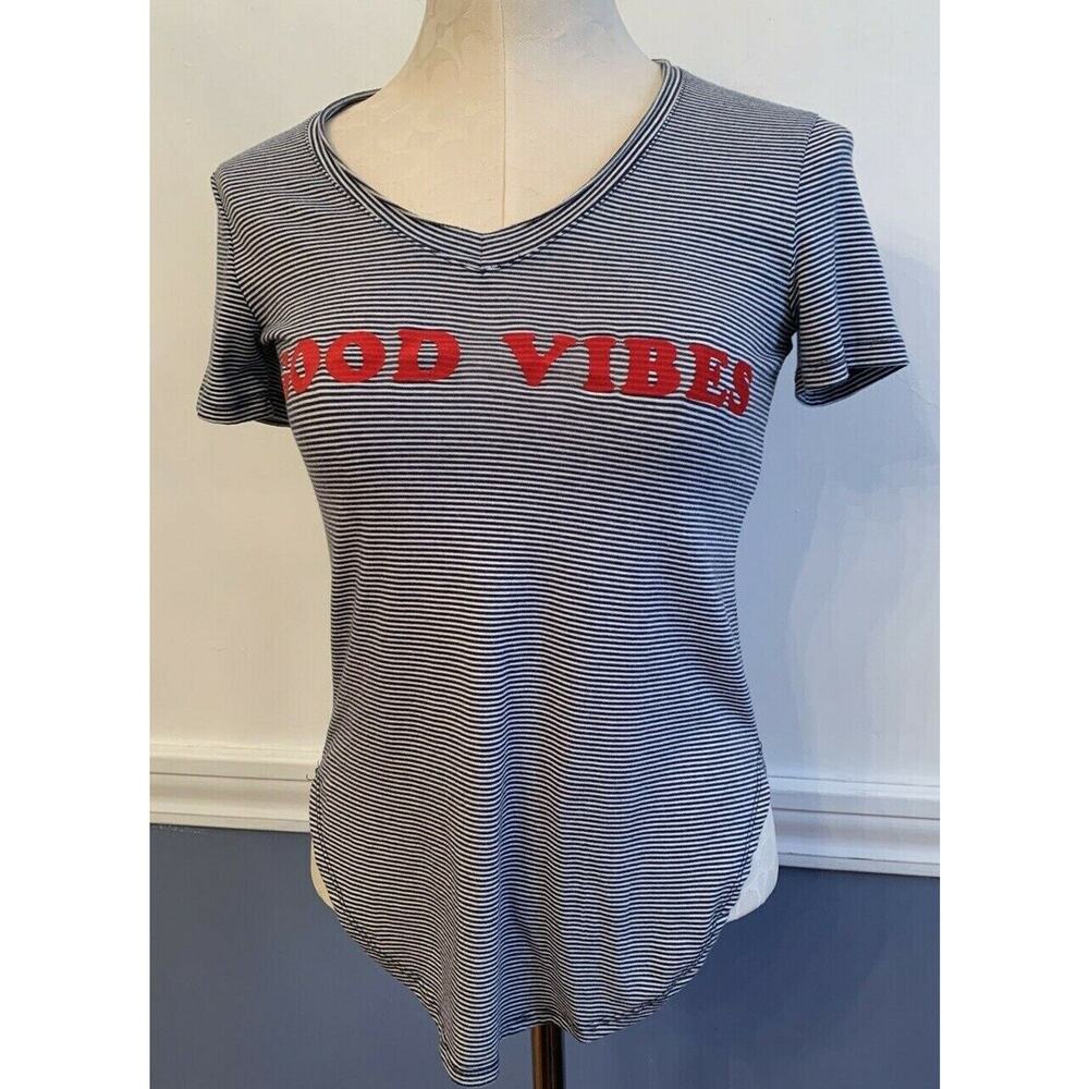 Small Well Worn Los Angeles "Good Vibes" Navy Blue White Striped Tshirt V-Neck R